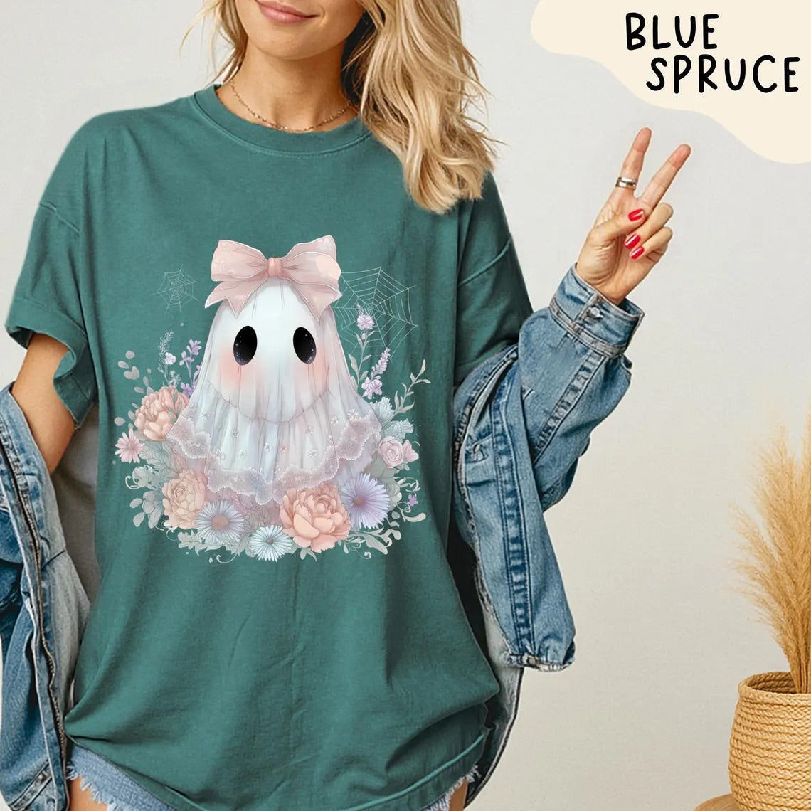 Cute Pastel Ghost Shirt with Wildflowers and Pink Bow Comfort Colors – Spooky Fall Aesthetic, Retro Halloween T-shirt, Fall October Tee