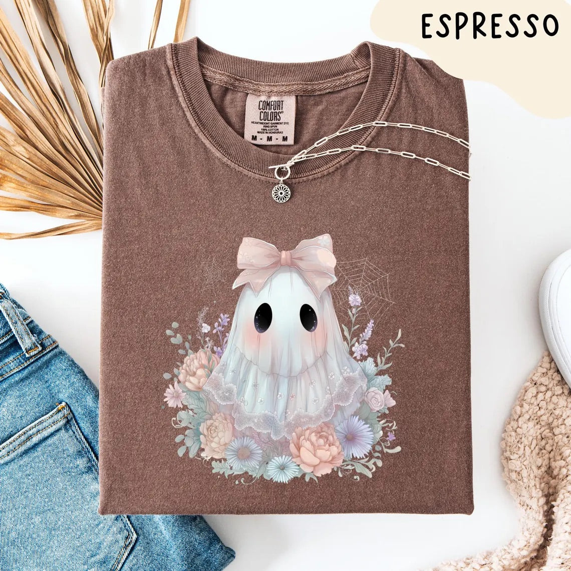Cute Pastel Ghost Shirt with Wildflowers and Pink Bow Comfort Colors – Spooky Fall Aesthetic, Retro Halloween T-shirt, Fall October Tee