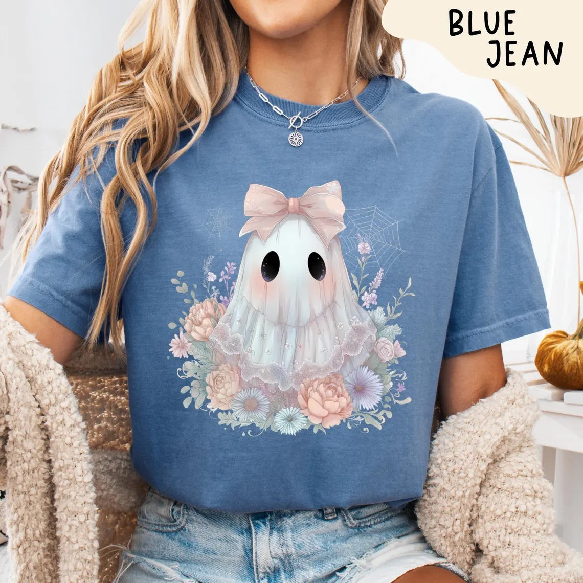 Cute Pastel Ghost Shirt with Wildflowers and Pink Bow Comfort Colors – Spooky Fall Aesthetic, Retro Halloween T-shirt, Fall October Tee
