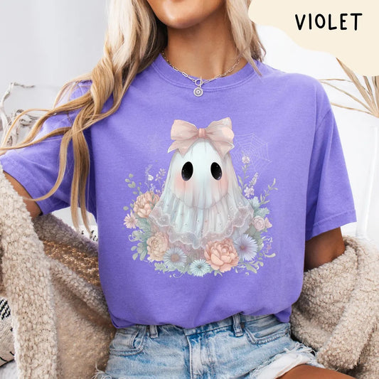Cute Pastel Ghost Shirt with Wildflowers and Pink Bow Comfort Colors – Spooky Fall Aesthetic, Retro Halloween T-shirt, Fall October Tee