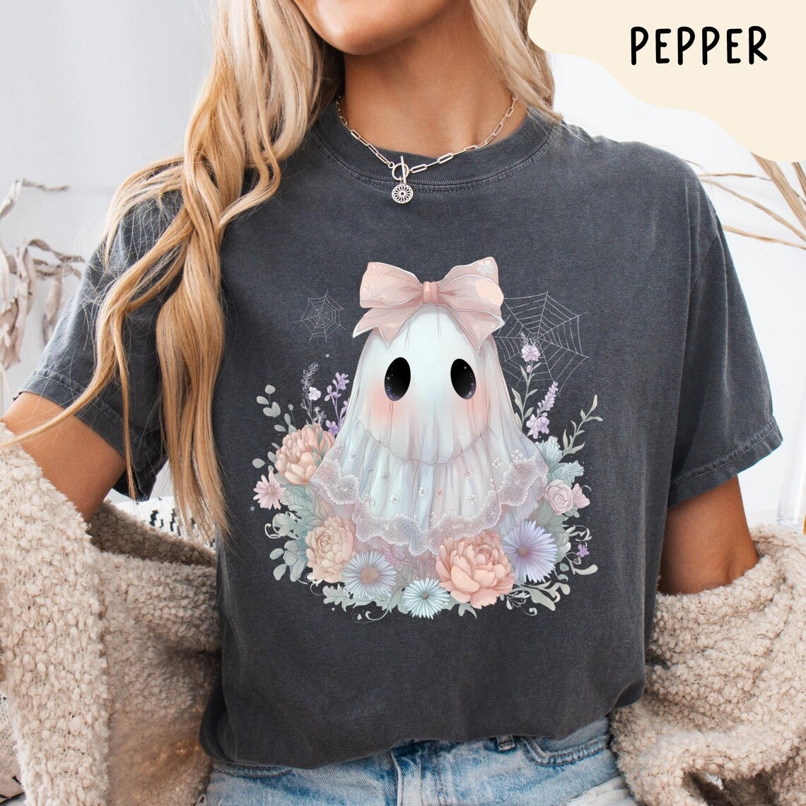 Cute Pastel Ghost Shirt with Wildflowers and Pink Bow Comfort Colors – Spooky Fall Aesthetic, Retro Halloween T-shirt, Fall October Tee