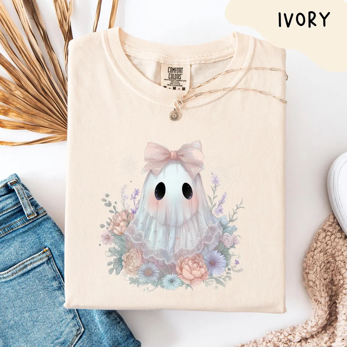 Cute Pastel Ghost Shirt with Wildflowers and Pink Bow Comfort Colors – Spooky Fall Aesthetic, Retro Halloween T-shirt, Fall October Tee
