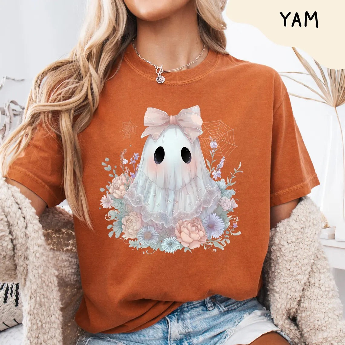 Cute Pastel Ghost Shirt with Wildflowers and Pink Bow Comfort Colors – Spooky Fall Aesthetic, Retro Halloween T-shirt, Fall October Tee